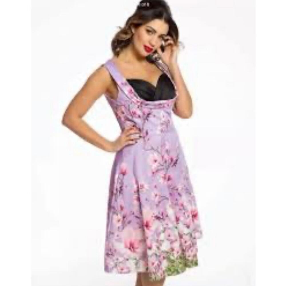 NWT Lindy Bop Ophelia Fit & Flare Dress Lilac Floral Rockabilly Pinup US Sz 18
